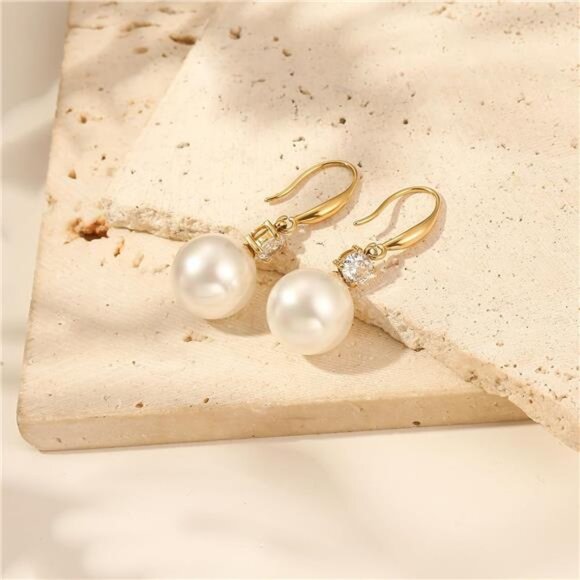 18K Gold-Plated Classic Pearl Drop Earrings – CZ Accents, Seashell Pearls - Picture 2 of 7